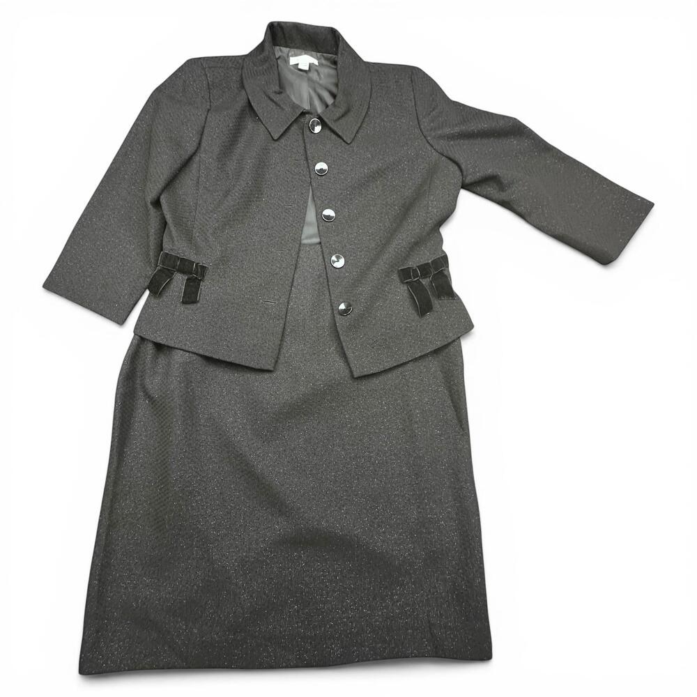 London Times Skirt Suit Set Womens 12 Black 2 Piece Jacket Skirt Party Cocktail